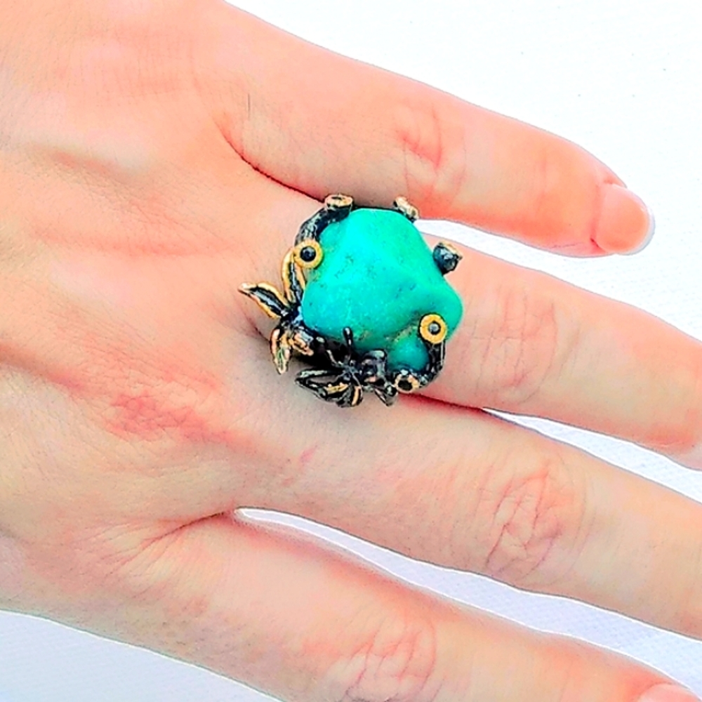 Natural Turquoise & Safire Solid 925 Silver Ring